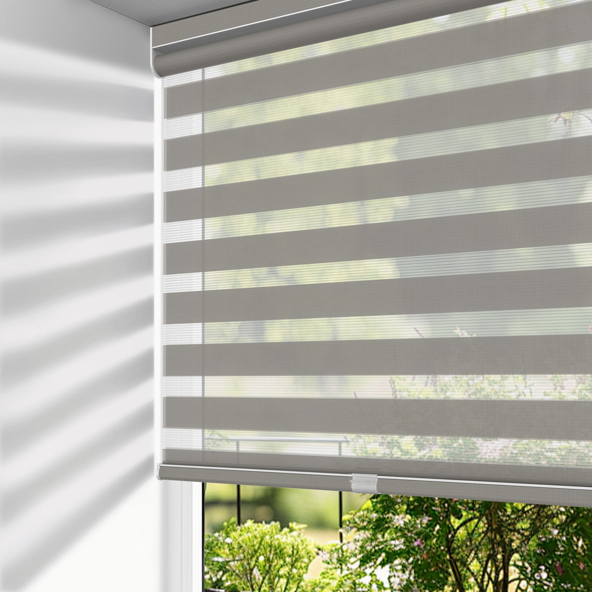 Gray no-drill zebra blind: on a window