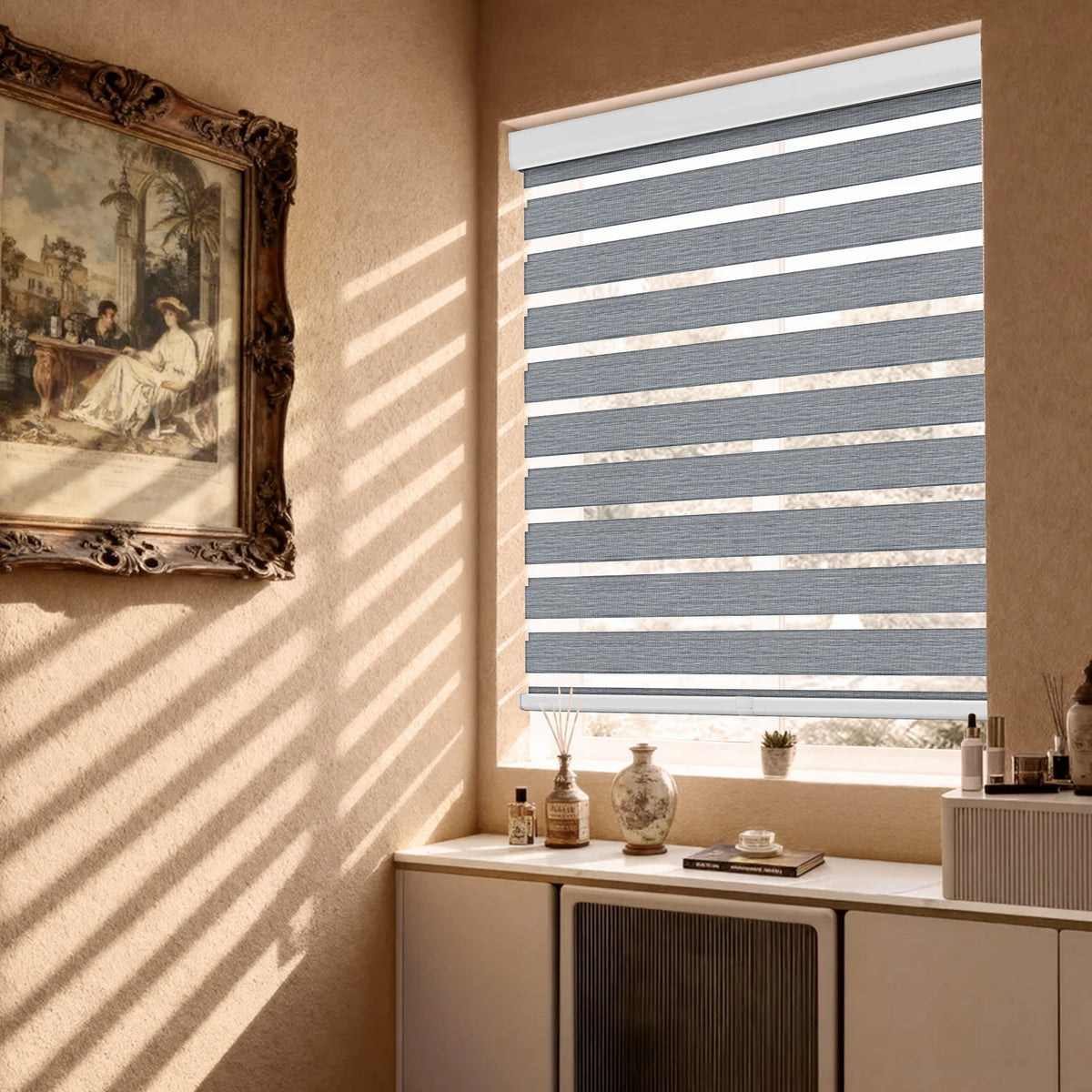 Gray no-drill zebra blind: in a furnished room