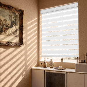 White no-drill zebra blind: in a furnished room
