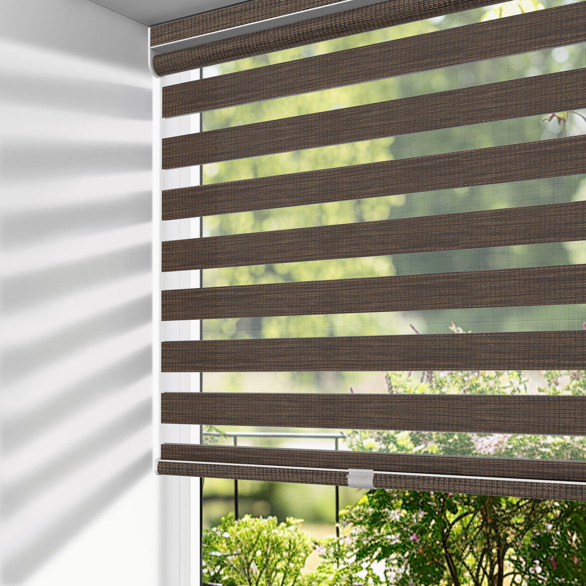 Dark brown no-drill zebra blind: on a window