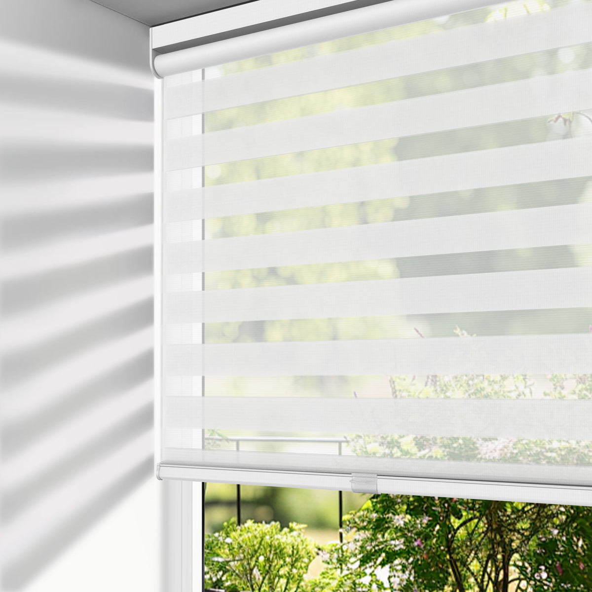 White no-drill zebra blind: on a window