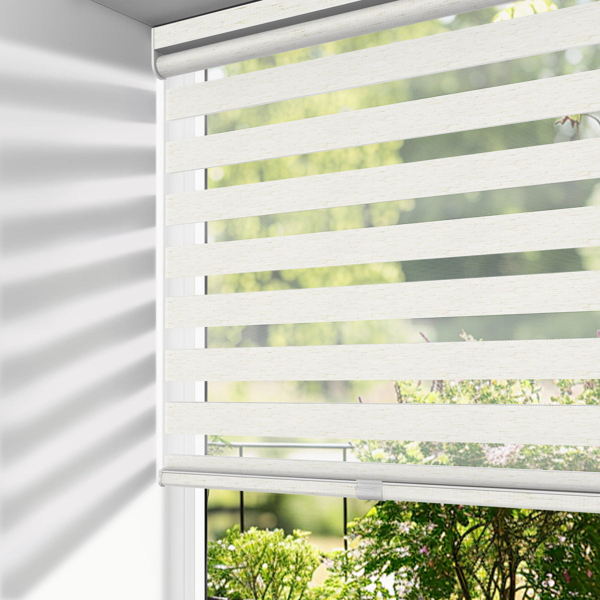 White no-drill zebra blind: on a window