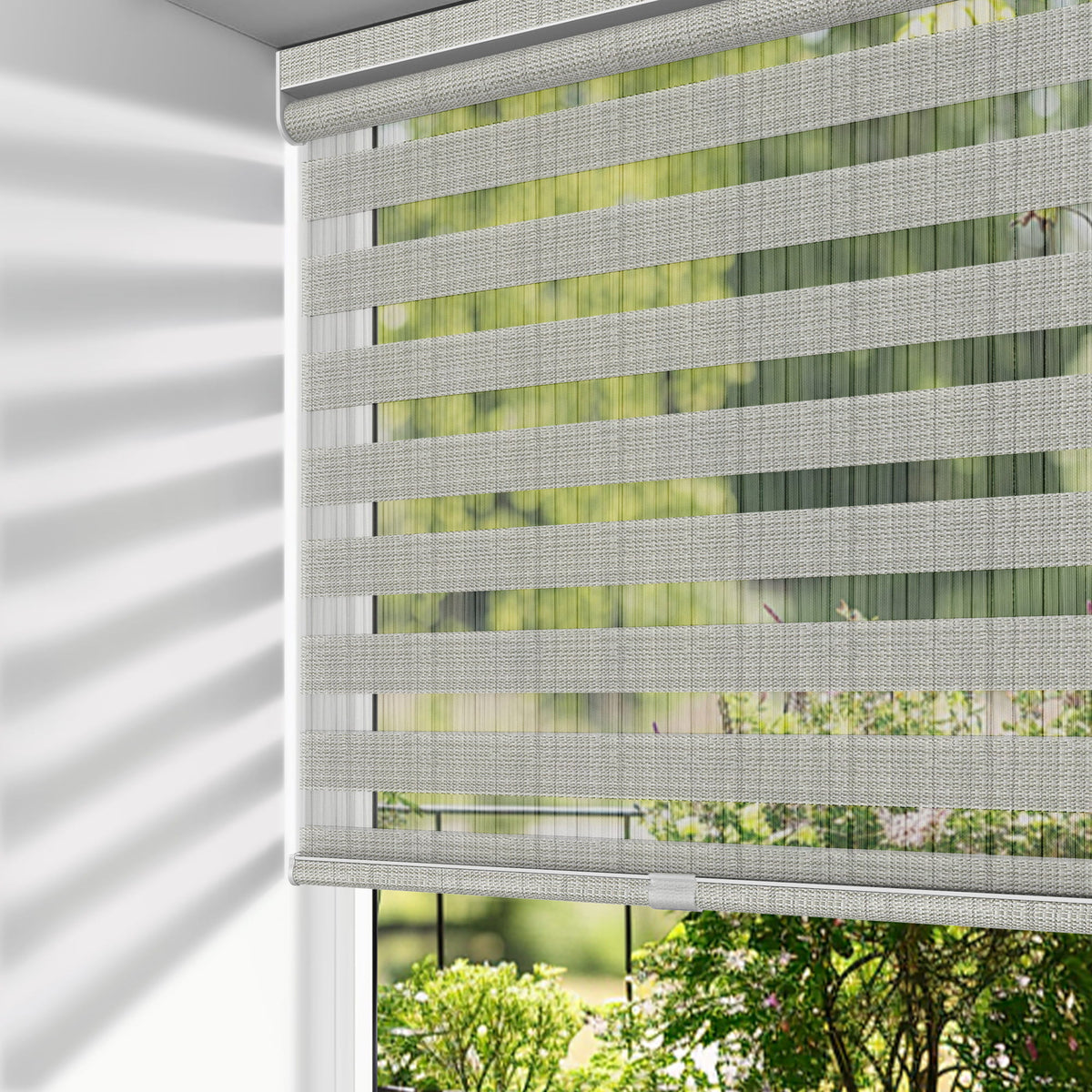 Gray no-drill zebra blind: on a window
