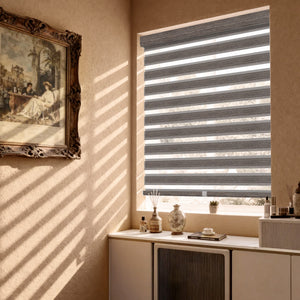 Brown no-drill zebra blind: in a furnished room