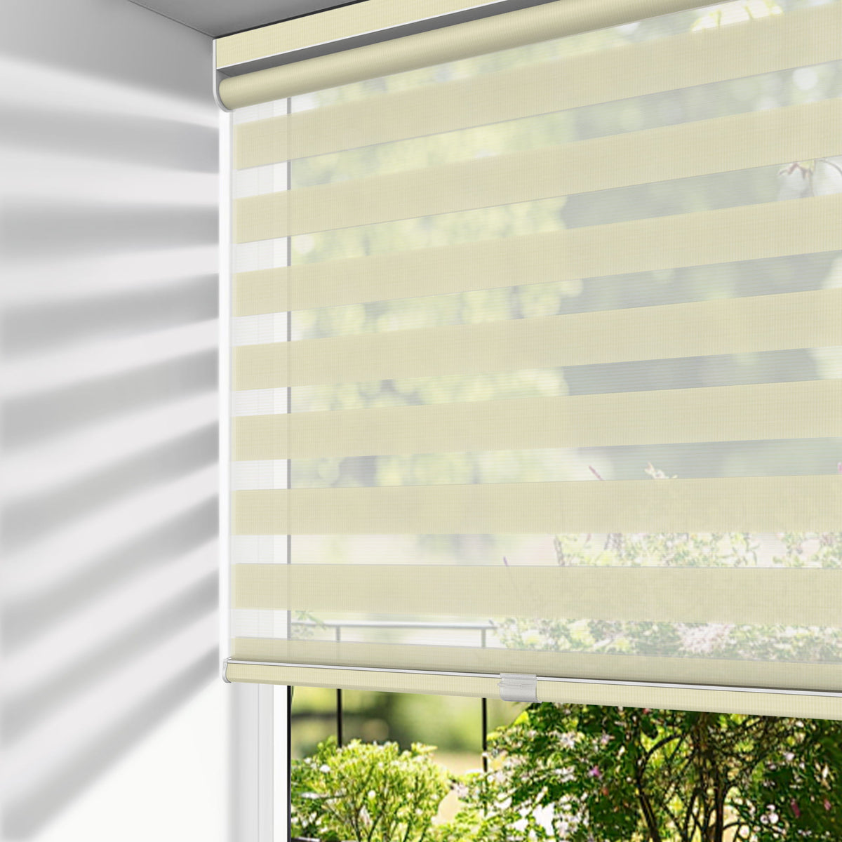 Cream no-drill zebra blind: on a window