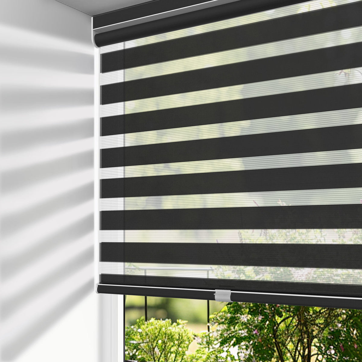 Black no-drill zebra blind: on a window