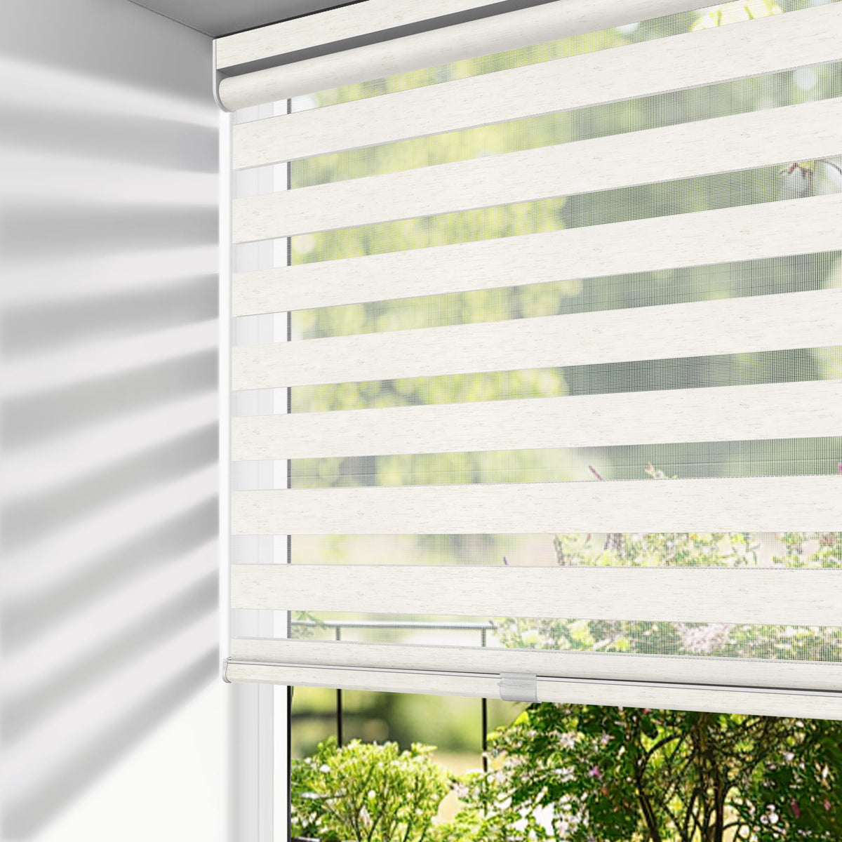 Ivory no-drill zebra blind: on a window