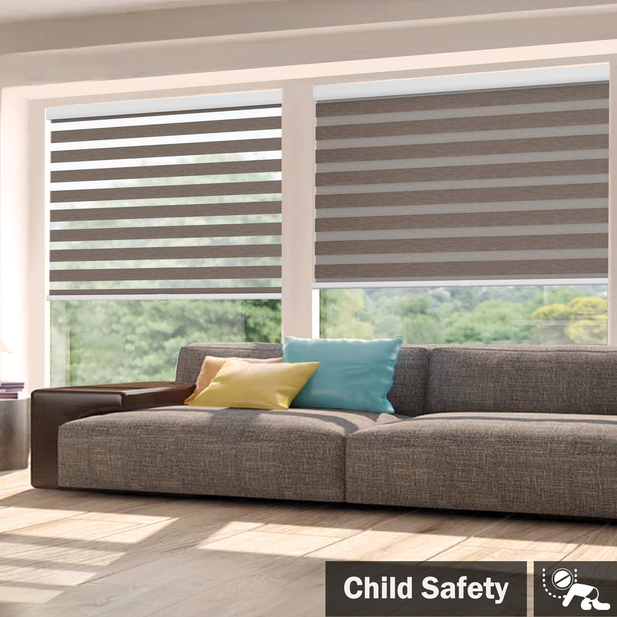 Brown no-drill zebra blind: in a furnished room