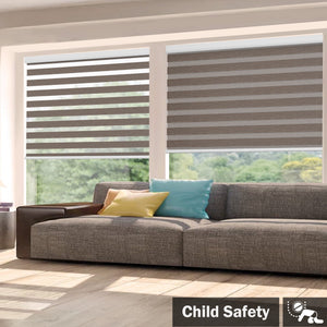 Brown no-drill zebra blind: in a furnished room