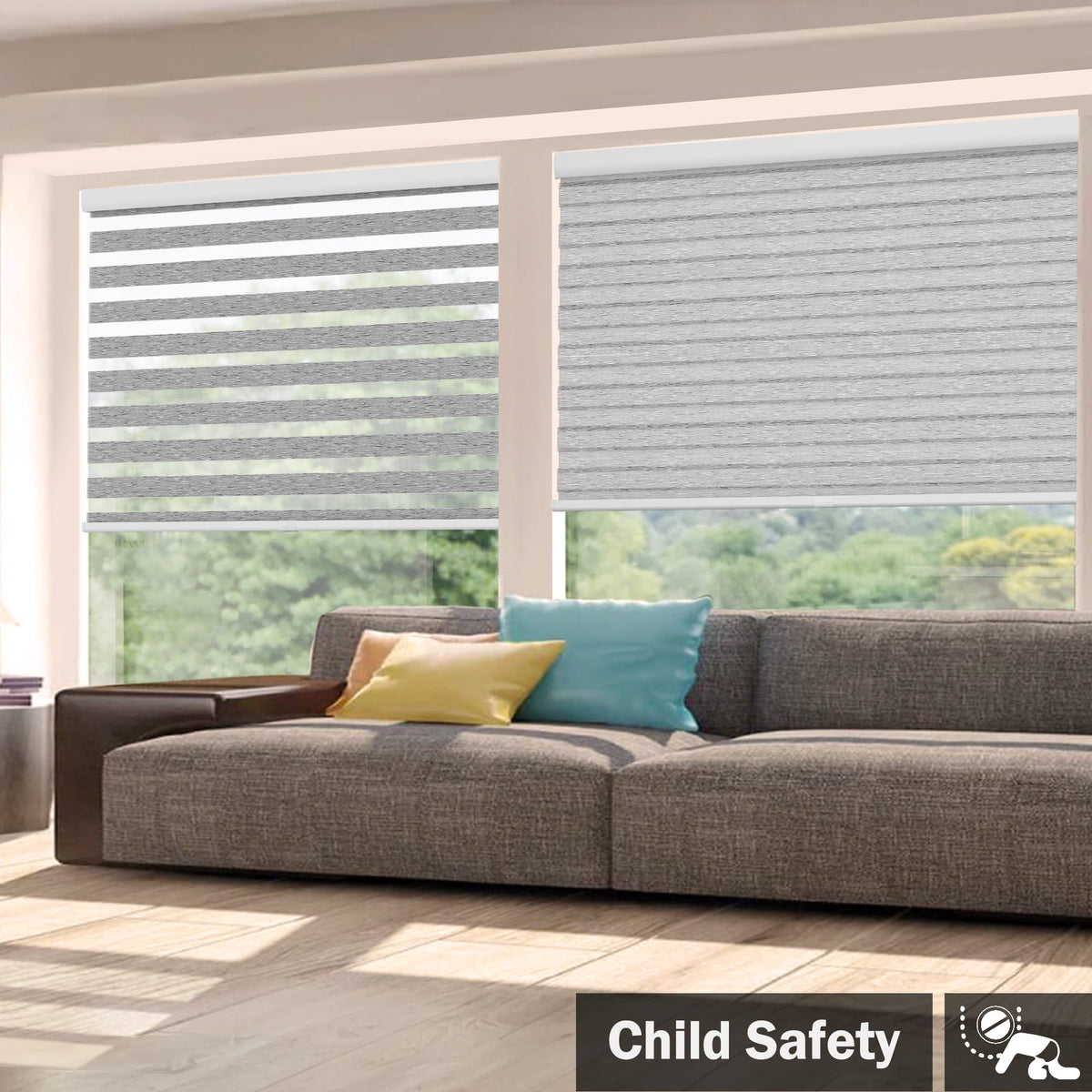Gray no-drill zebra blind: in a furnished room