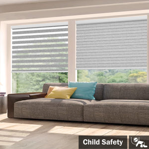 Gray no-drill zebra blind: in a furnished room