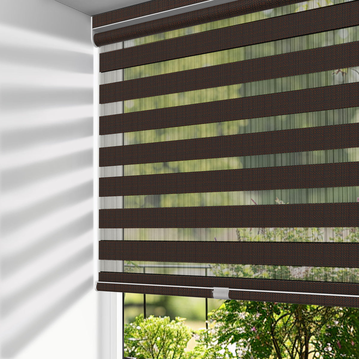 Dark brown no-drill zebra blind: on a window