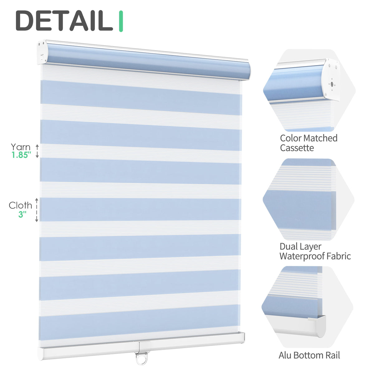 Blue zebra blind: headrail, fabric and bottom rail details
