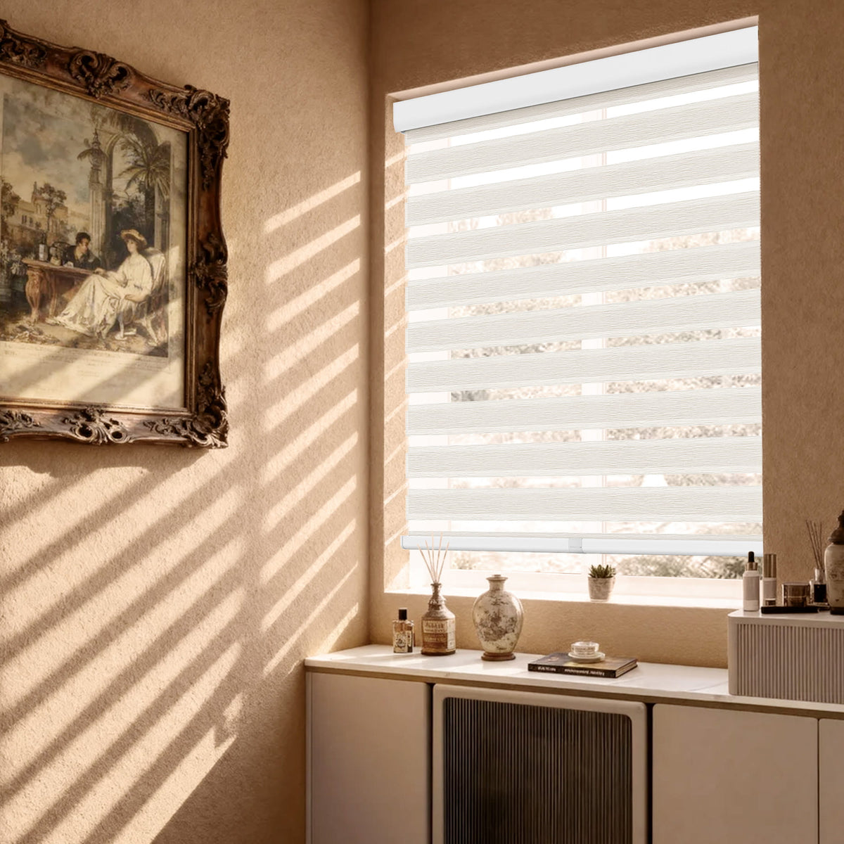 Ivory no-drill zebra blind: in a furnished room