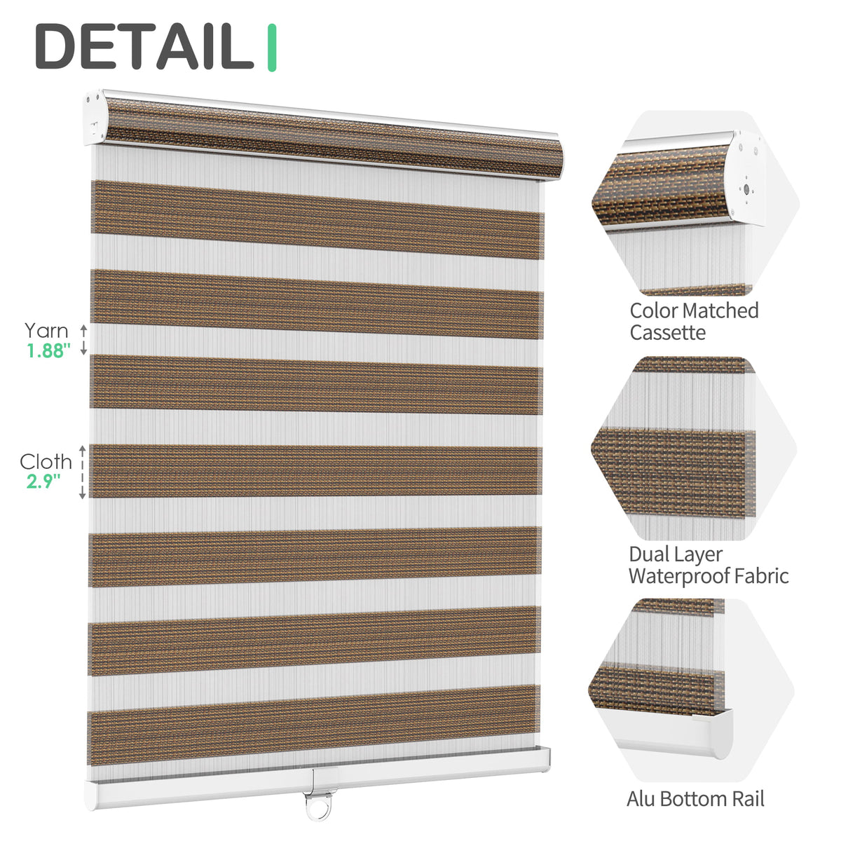 Brown zebra blind: headrail, fabric and bottom rail details