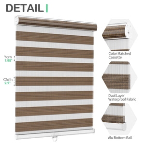 Brown zebra blind: headrail, fabric and bottom rail details