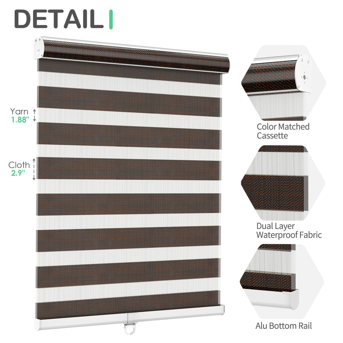 Dark brown zebra blind: headrail, fabric and bottom rail details