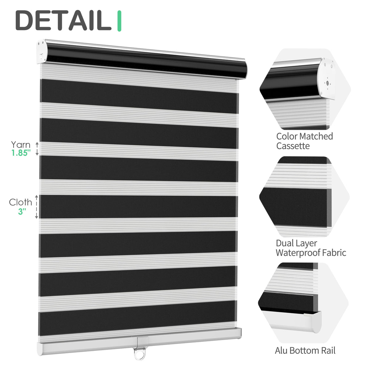 Black zebra blind: headrail, fabric and bottom rail details