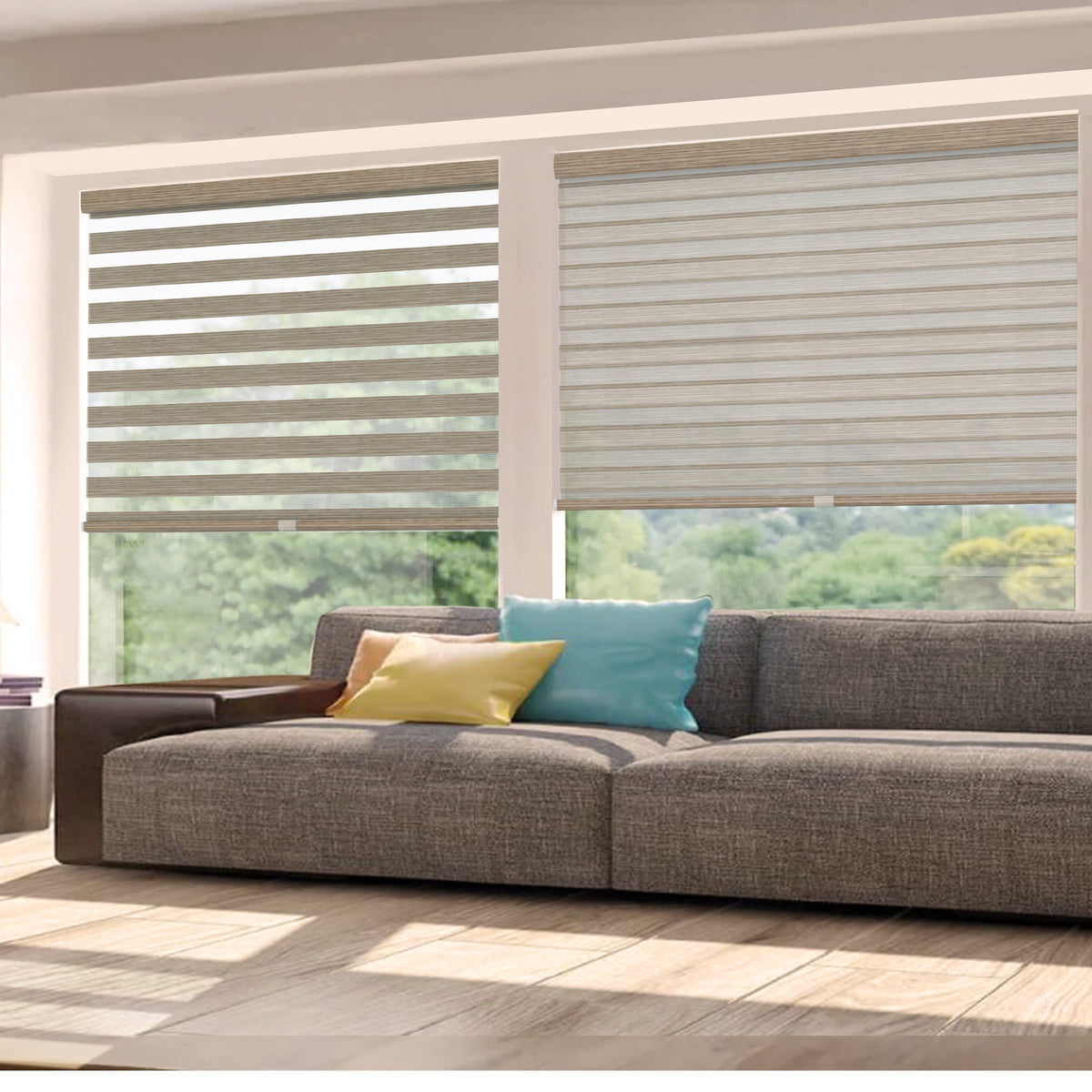 Tan no-drill zebra blind: in a furnished room