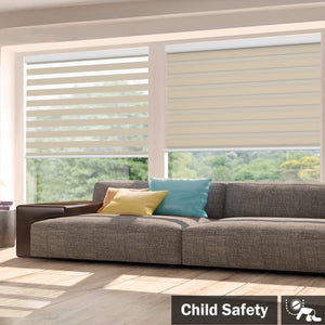 Beige no-drill zebra blind: in a furnished room