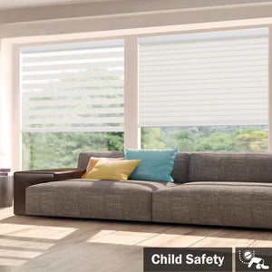Ivory no-drill zebra blind: in a furnished room