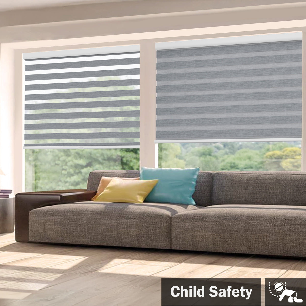 Gray no-drill zebra blind: in a furnished room