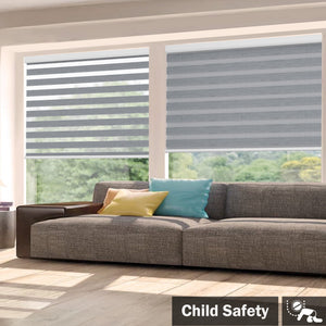Gray no-drill zebra blind: in a furnished room