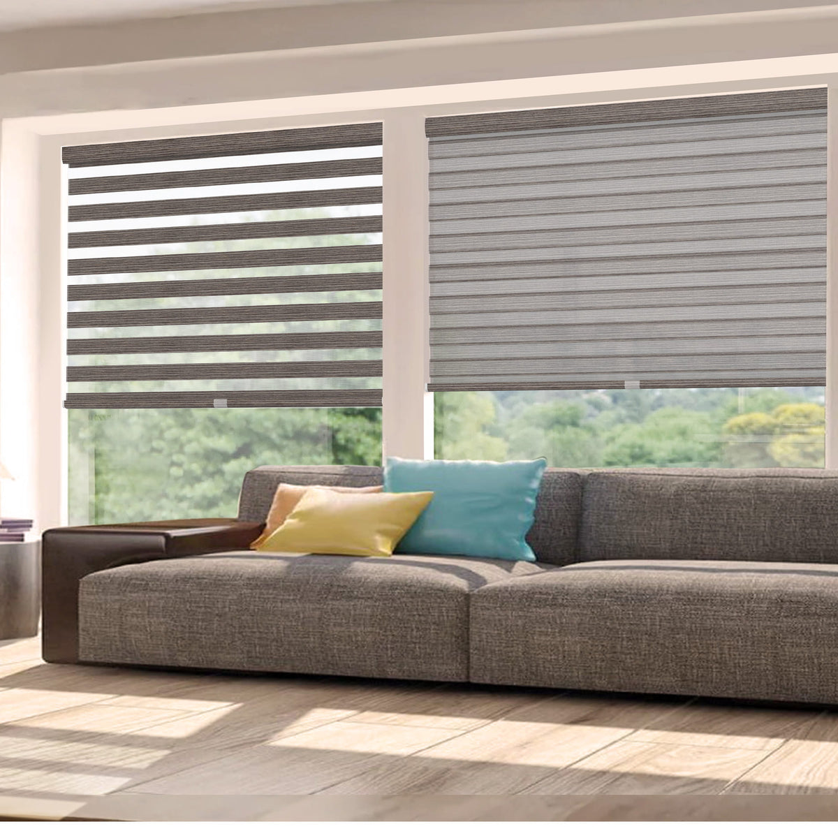 Brown no-drill zebra blind: in a furnished room