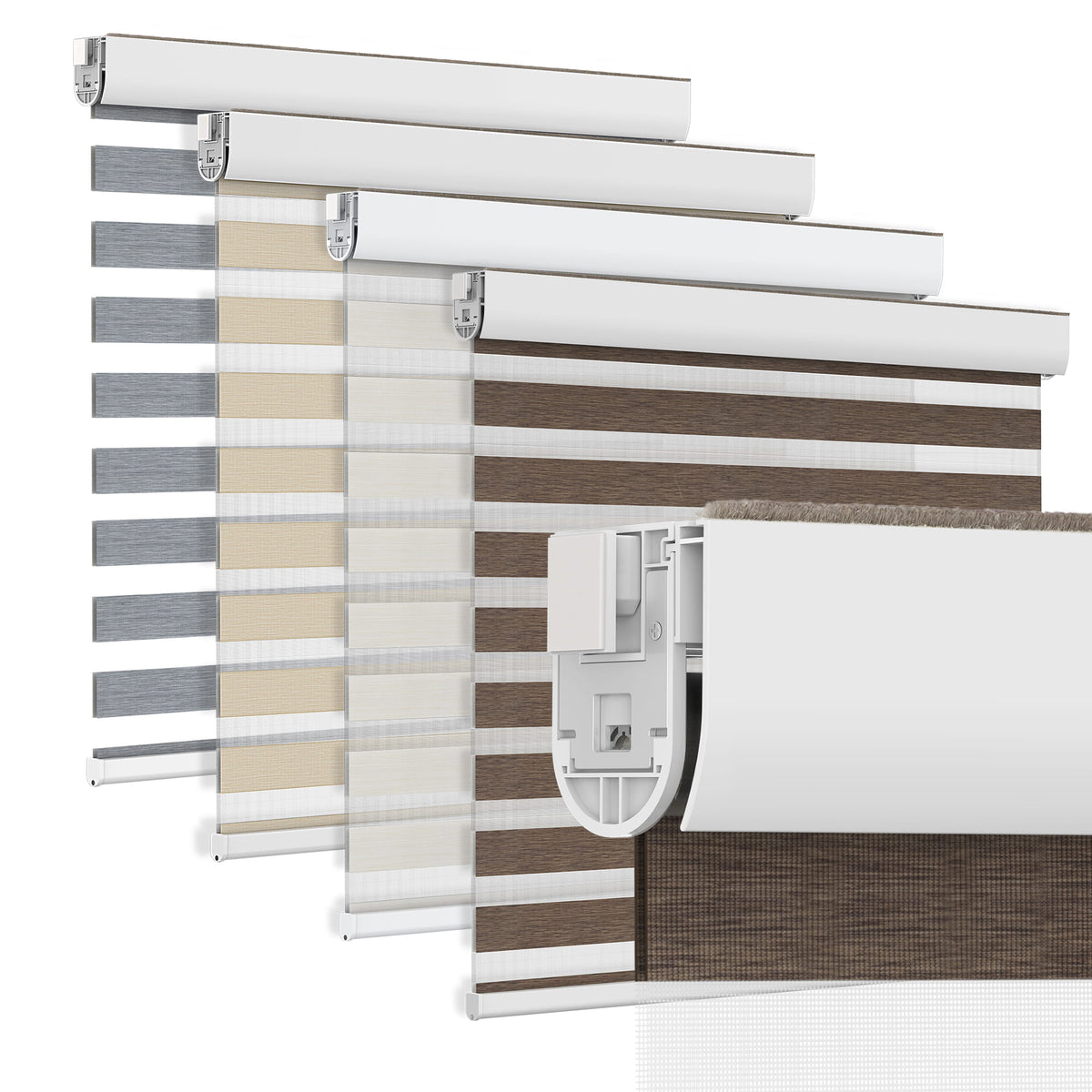 Brown no-drill zebra blind: layered fabric color options