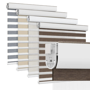 Brown no-drill zebra blind: layered fabric color options