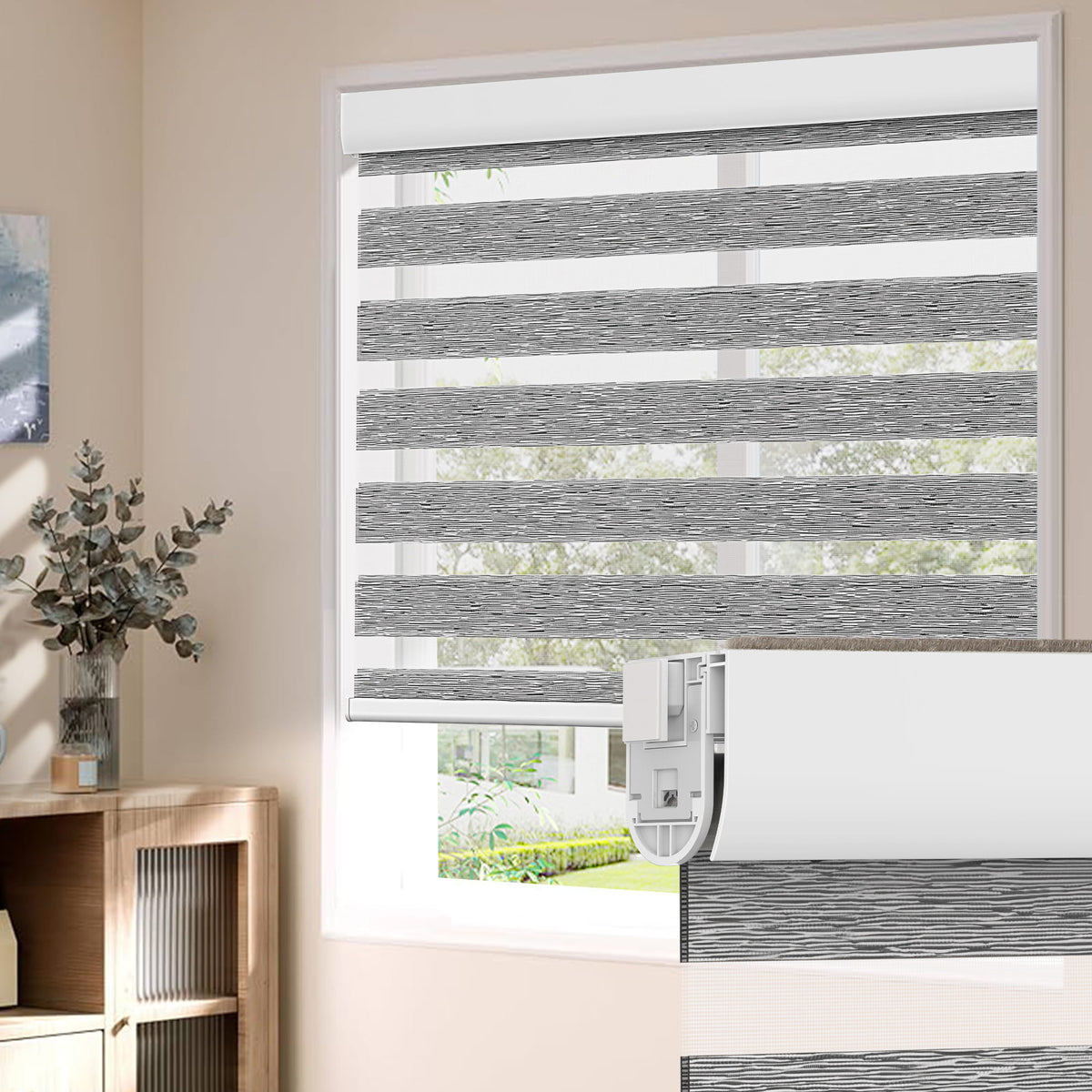 Gray no-drill zebra blind: on a window