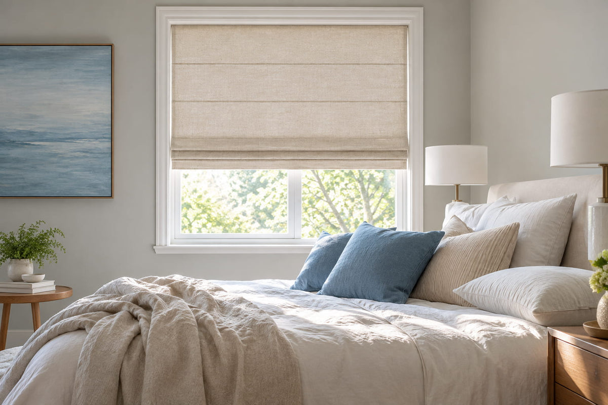 Beige Roman shade above a sunlit bedroom window beside cream bedding and blue accent pillows.