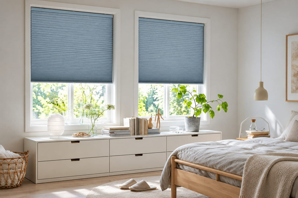 Blue pleated shades on two bedroom windows above a white dresser with plants, beside a wooden bed.