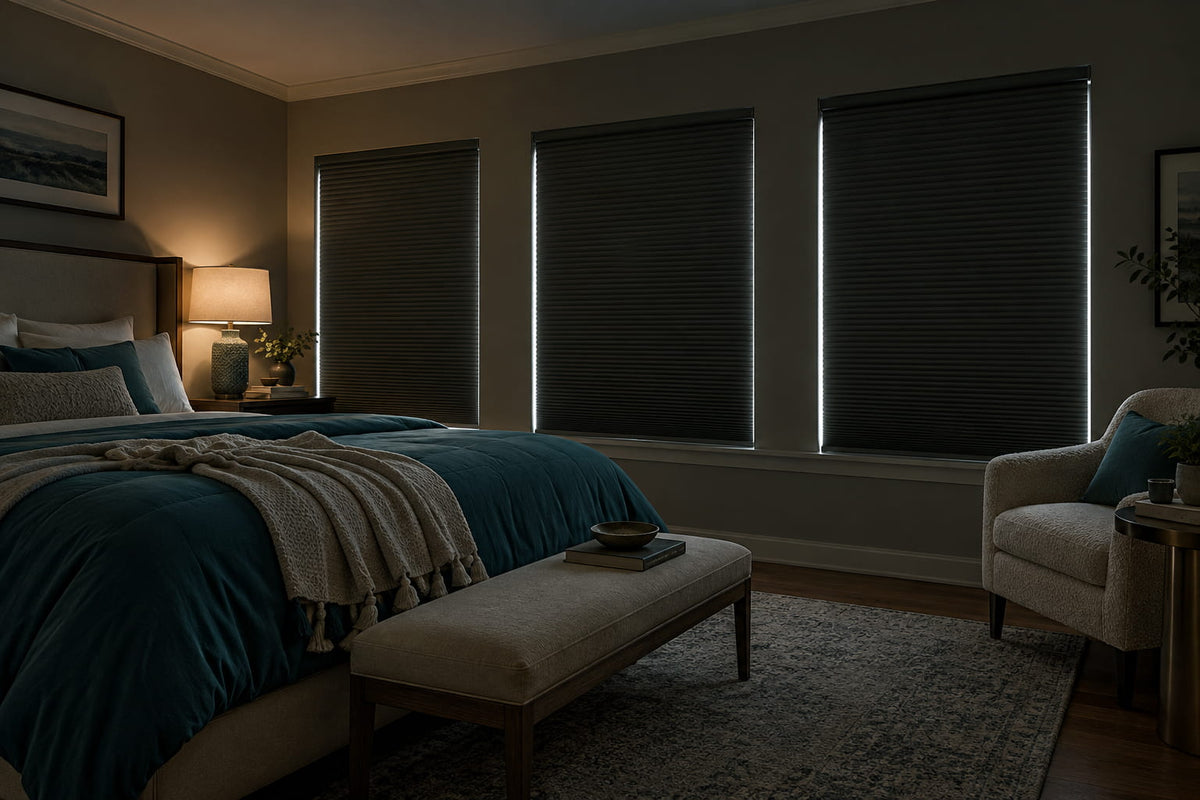 Dark pleated shades on three bedroom windows beside a bed with teal bedding and an upholstered bench.
