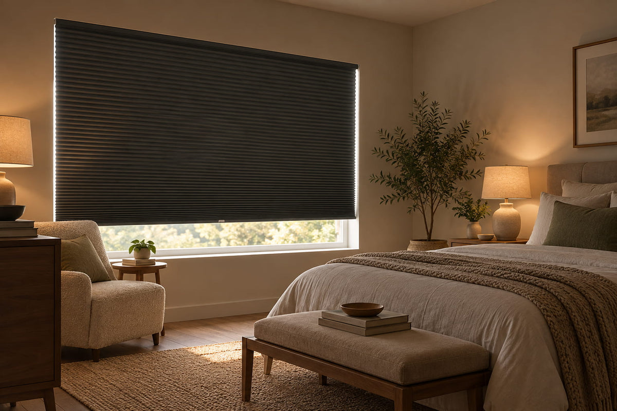 Dark window shade in a bedroom with an upholstered bench, an armchair and plants.