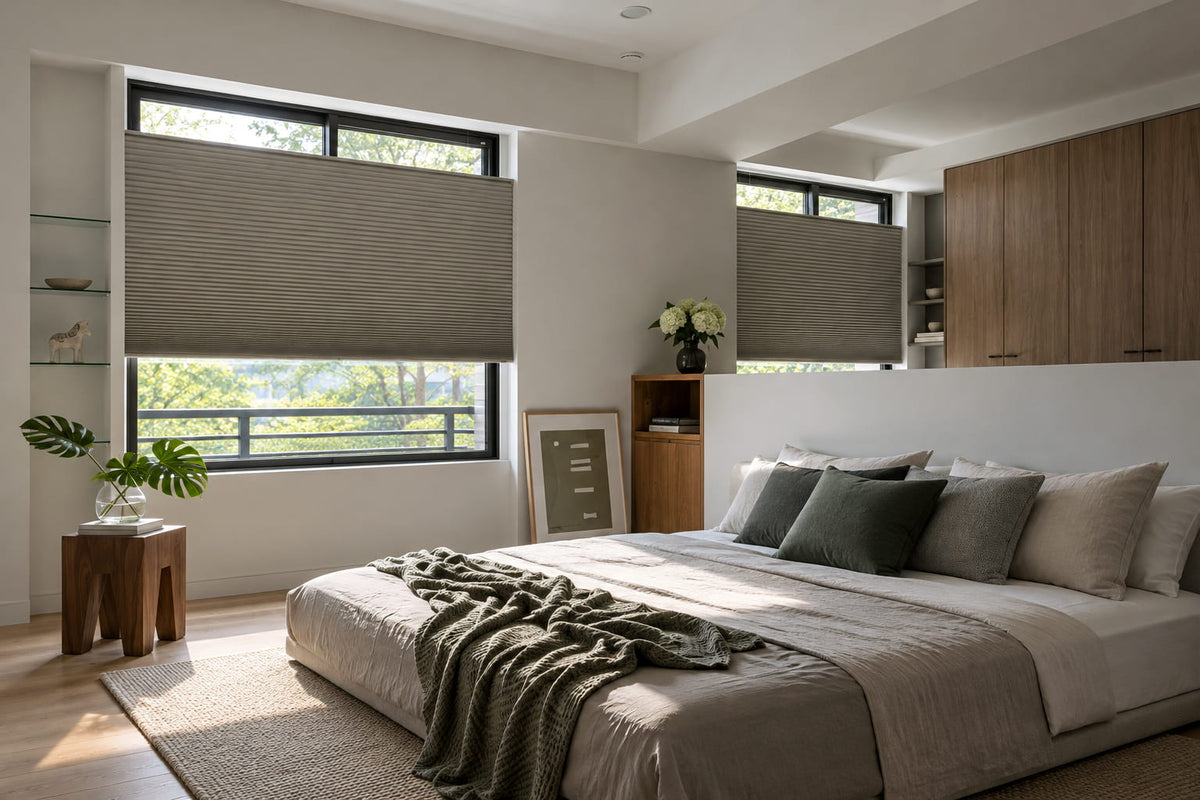 Gray top-down bottom-up shades on black-framed bedroom windows beside a low bed with neutral bedding.