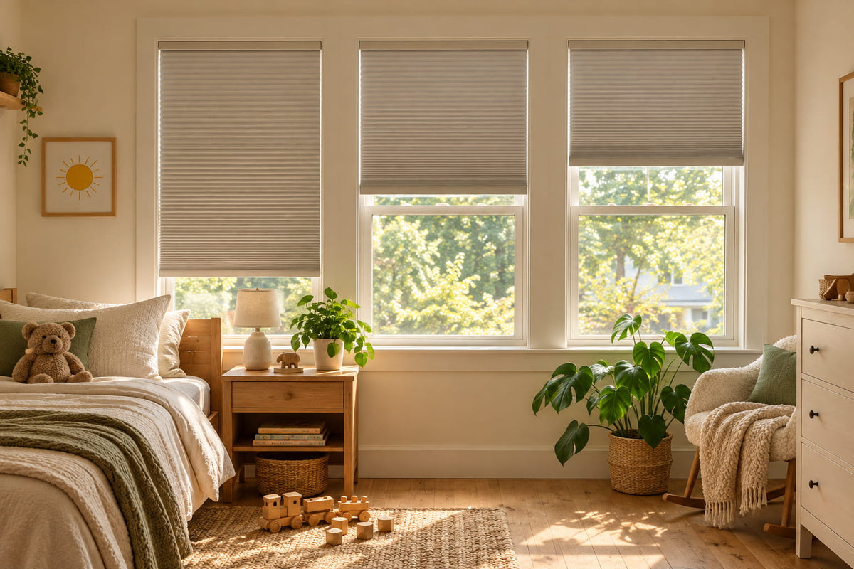 Gray-beige shades on three bedroom windows surrounded by potted plants.