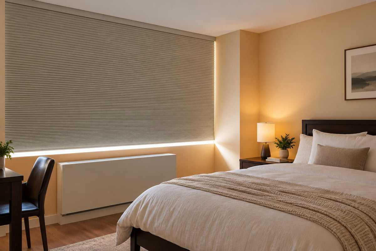 Bedroom window treatment ideas with cellular shades in a warm modern bedroom