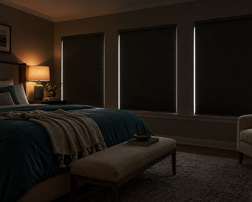 Blackout cellular shades covering three bedroom windows for privacy and light control