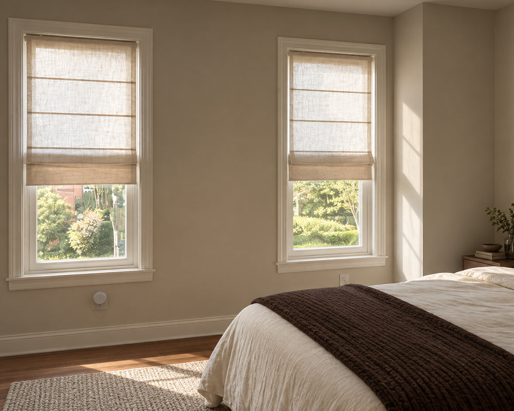 Light-filtering Roman shades on two bedroom windows with soft natural sunlight
