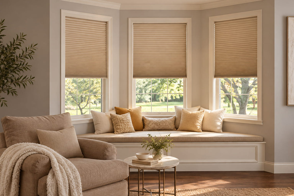 Beige cellular shades partially raised on three bay windows above a cozy living room window seat