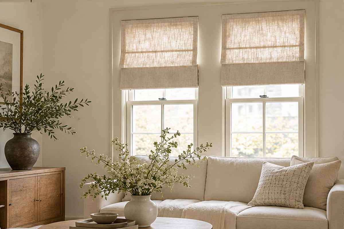 Sunlight filters through two beige Roman shades above a cream sofa in a neutral living room.
