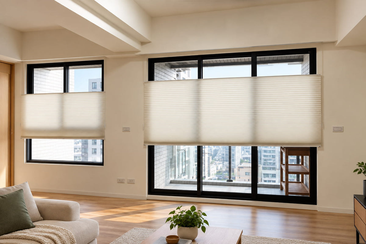 Light top-down bottom-up shades on black-framed windows with light entering above and below.