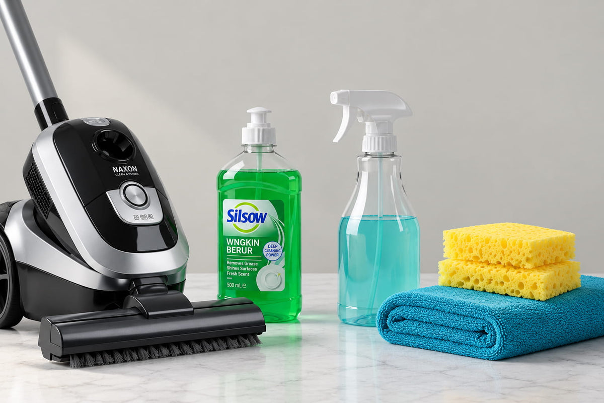Vacuum cleaner, cleaning bottles, sponges and a folded blue cloth on a countertop.