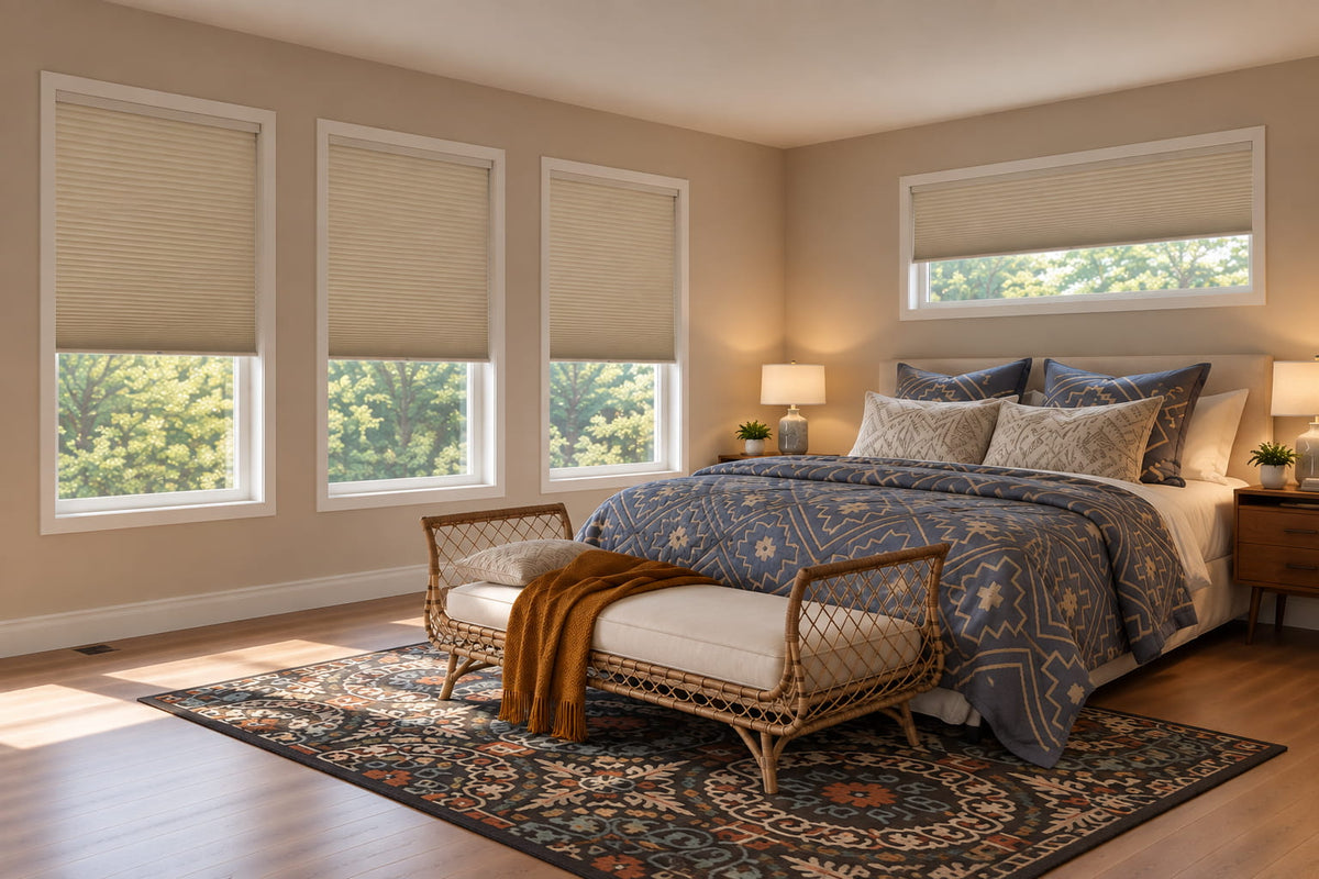 Beige window shades in a bedroom with blue bedding and a patterned rug.