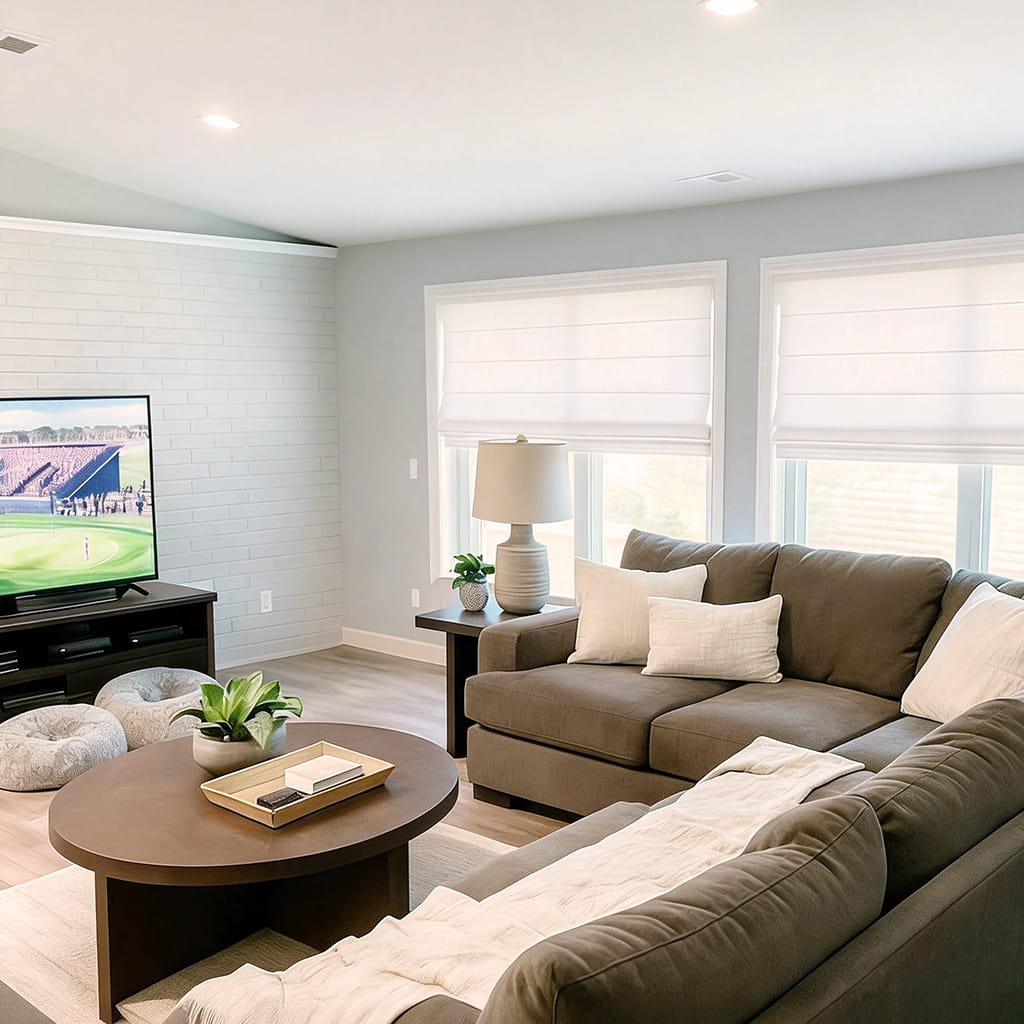 Roman shades behind a sofa in a living room