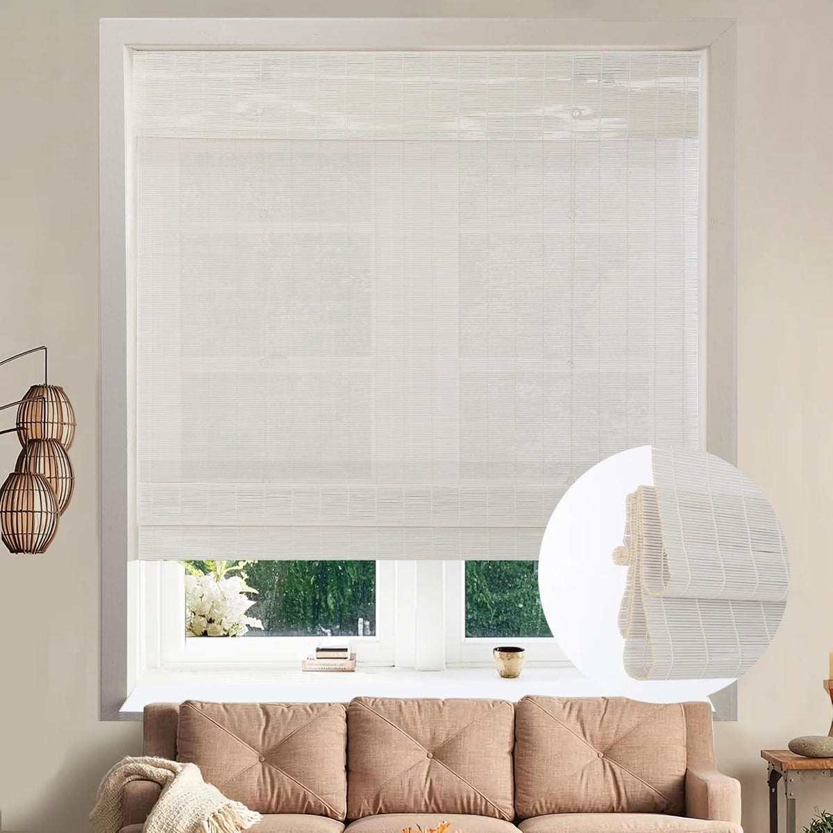 White bamboo Roman shade: on a window
