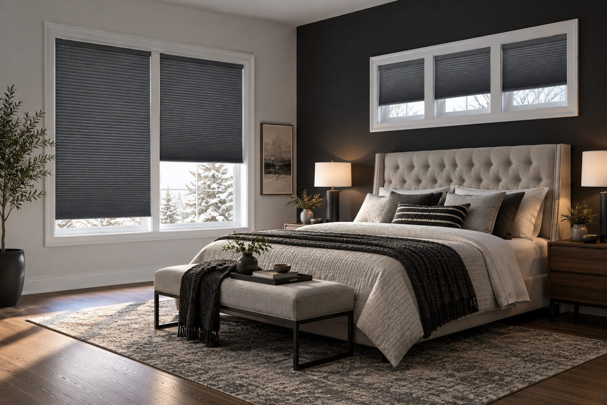 Dark gray cellular shades on five bedroom windows beside a bed with neutral bedding.