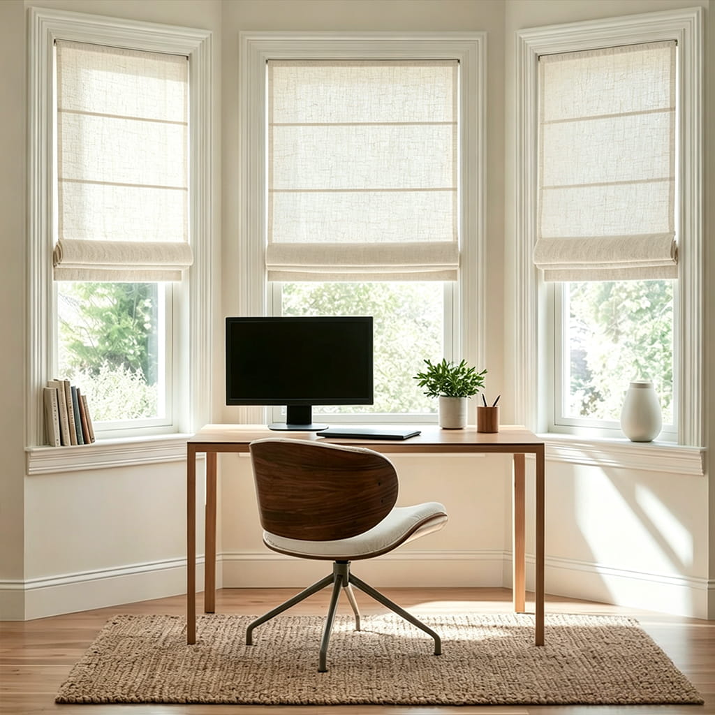 Roman shades on three windows in a home office