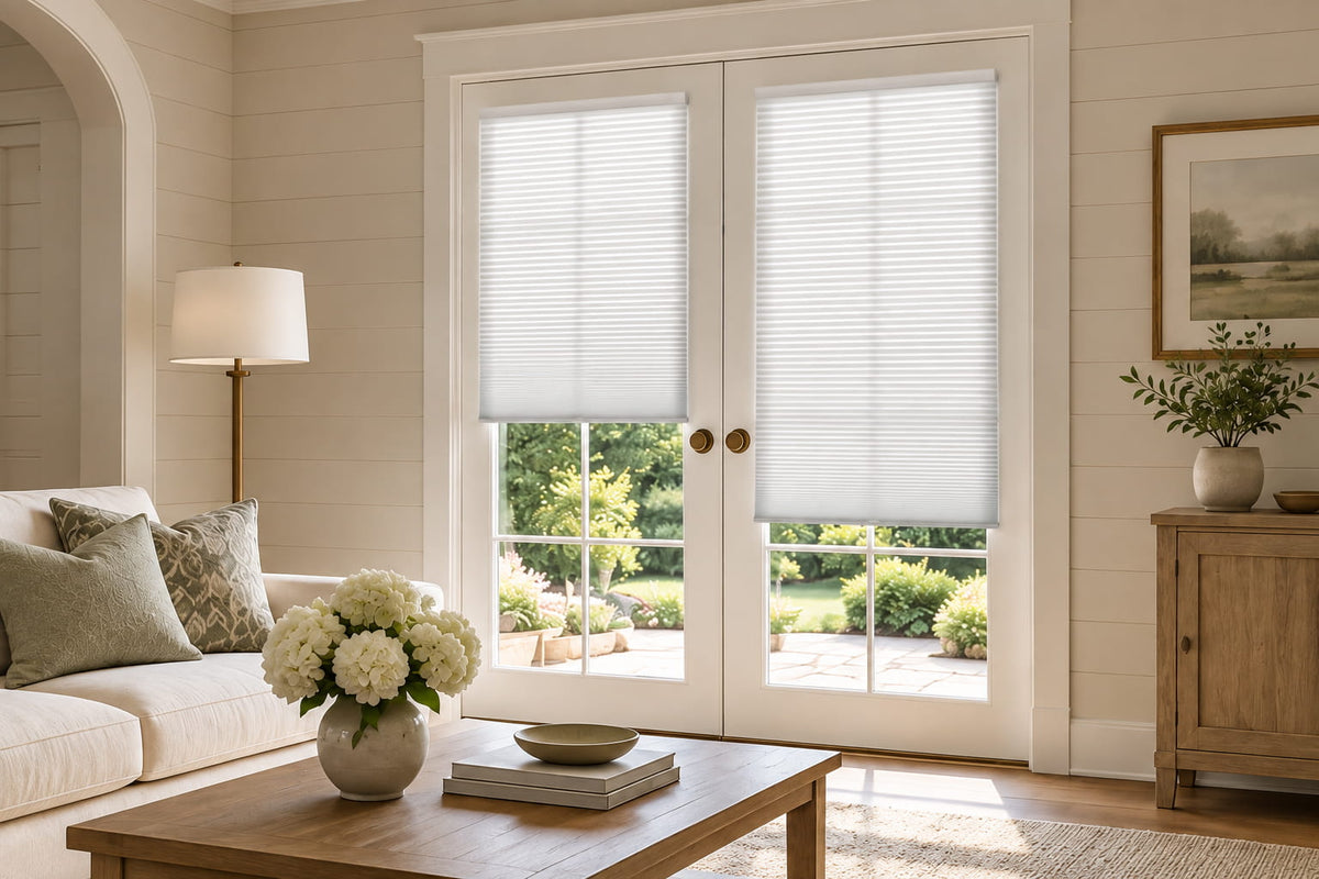 White shades on French doors beside a round wooden living room coffee table.